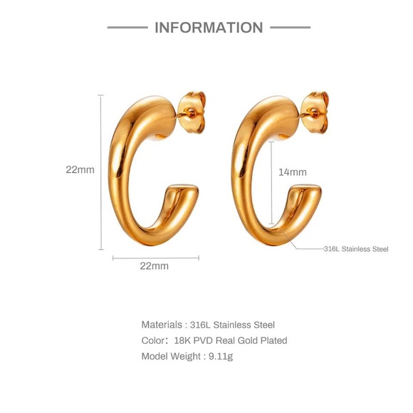 ◾️18k Gold Plated Minimalist C- Shaped Hoop Earrings - Picture 7 of 9